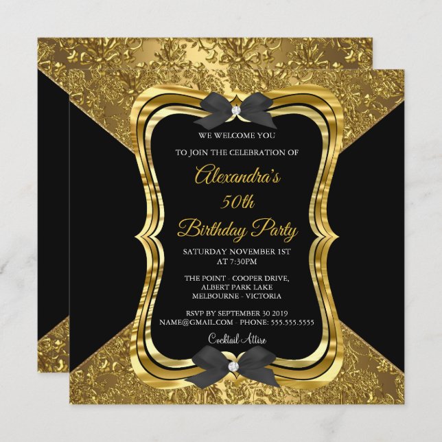 Elegant 50th Birthday Party Gold Golden Black Invitation (Front/Back)