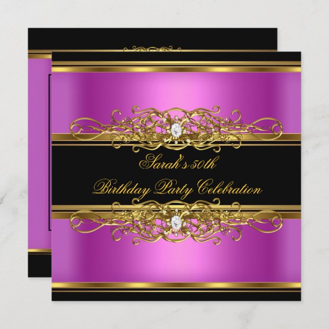 Elegant 50th Birthday Party Gold Pink Black Invitation (Front/Back)
