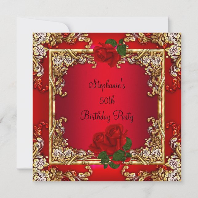 Elegant 50th Birthday Party Gold Red Rose Floral Invitation (Front)