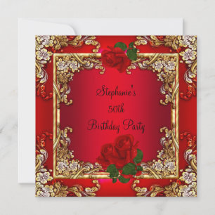 Elegant 50th Birthday Party Gold Red Rose Floral Invitation