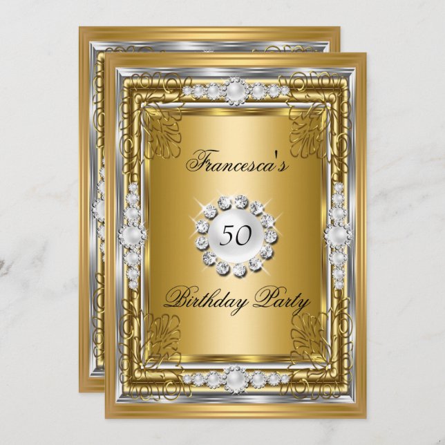 Elegant 50th Birthday Party Gold Silver Diamonds Invitation (Front/Back)