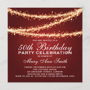 Elegant 50th Birthday Party Gold String Lights Red Invitation