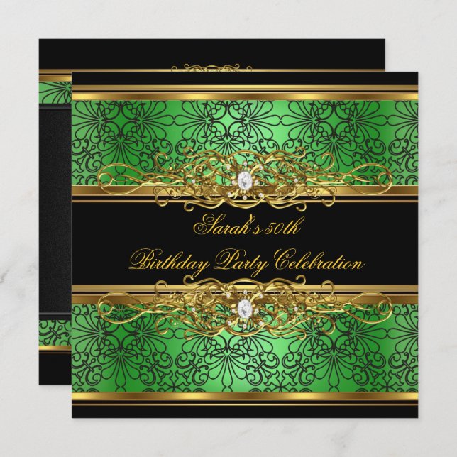 Elegant 50th Birthday Party Green Lime Gold Damask Invitation (Front/Back)