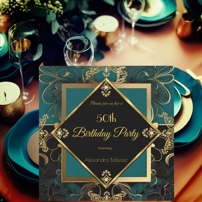 Elegant 50th Birthday Party Jade Gold Black  Invitation (Creator Uploaded)