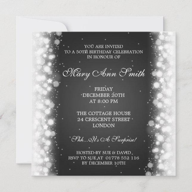 Elegant 50th Birthday Party Magic Sparkle Black Invitation (Front)