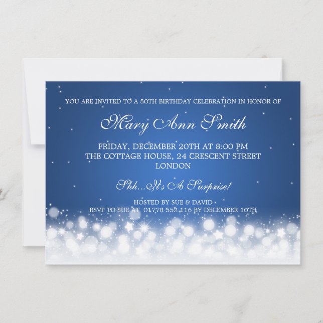 Elegant 50th Birthday Party Magic Sparkle Blue Invitation (Front)