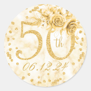 Elegant 50th Birthday Party Modern Marble Gold  Classic Round Sticker