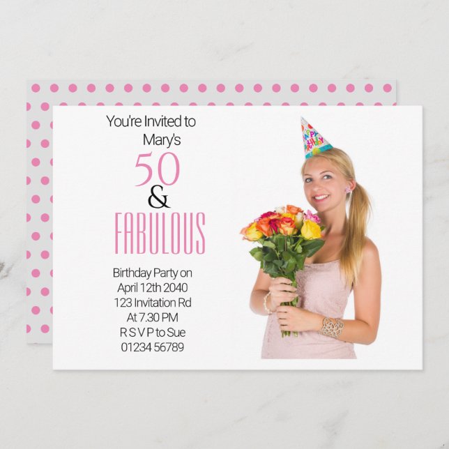 Elegant 50th Birthday Party Pink Dots  Black Theme Invitation (Front/Back)