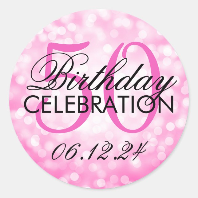 Elegant 50th Birthday Party Pink Glitter Lights Classic Round Sticker (Front)
