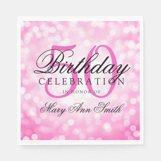 Elegant 50th Birthday Party Pink Glitter Lights Napkin (Front)