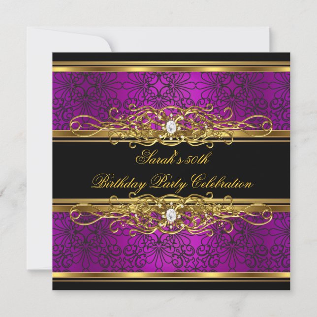 Elegant 50th Birthday Party Pink Plum Gold Damask Invitation (Front)
