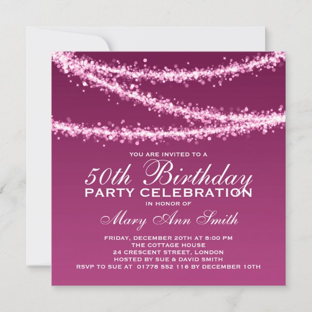 Elegant 50th Birthday Party Pink String Lights Invitation (Front)