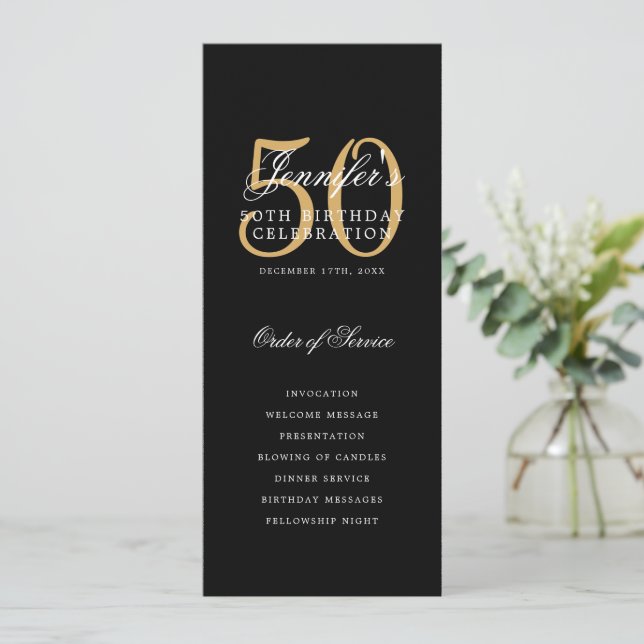 Elegant 50th Birthday Party Program Black Gold  (Standing Front)