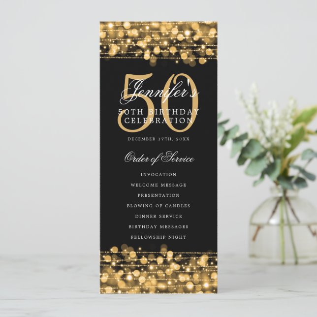 Elegant 50th Birthday Party Program Gold w/ Menu (Standing Front)
