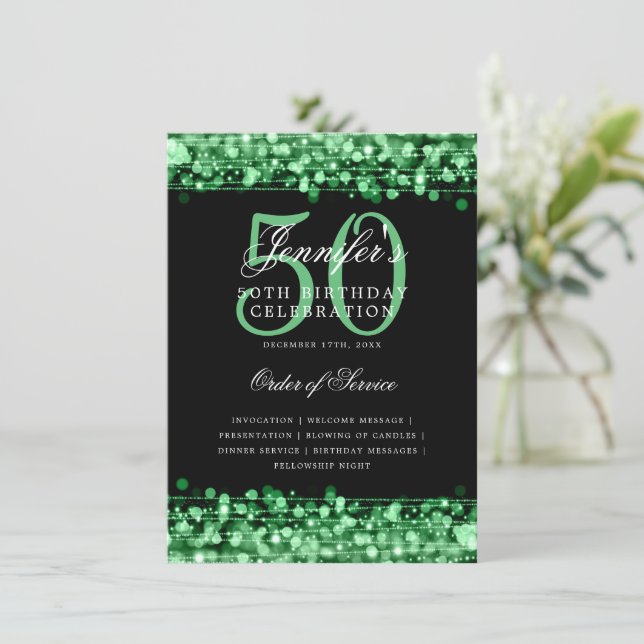 Elegant 50th Birthday Party Program Green Menu (Standing Front)