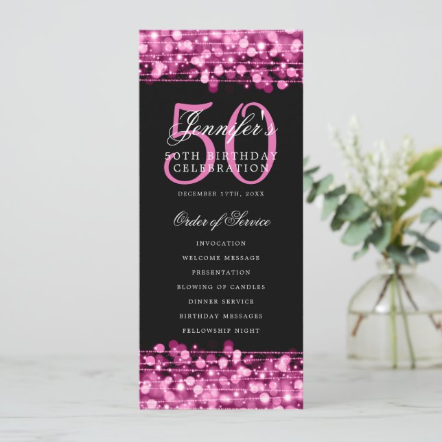 Elegant 50th Birthday Party Program Hot Pink Menu (Standing Front)