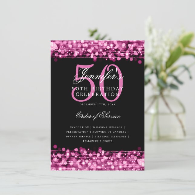 Elegant 50th Birthday Party Program Hot Pink Menu (Standing Front)