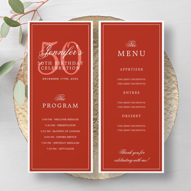 Elegant 50th Birthday Party Program Menu Red  (Elegant 50th Birthday Party Program Menu Red )