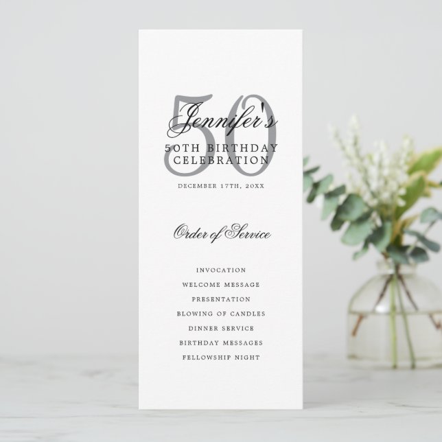 Elegant 50th Birthday Party Program Silver  (Standing Front)