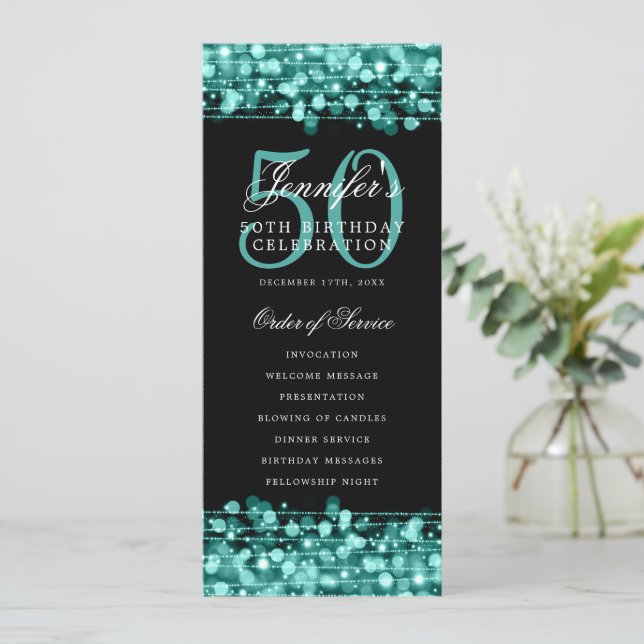 Elegant 50th Birthday Party Program Turquoise Menu (Standing Front)