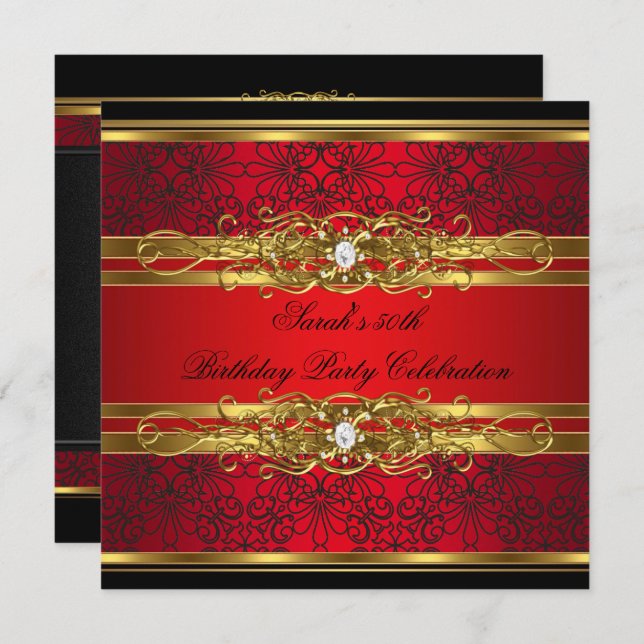 Elegant 50th Birthday Party Red Black Gold 2 Invitation (Front/Back)