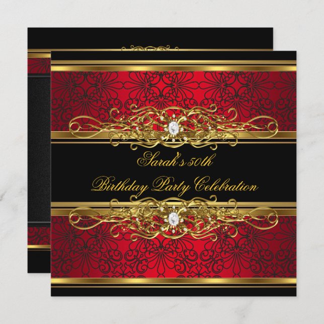 Elegant 50th Birthday Party Red Black Gold Damask Invitation (Front/Back)