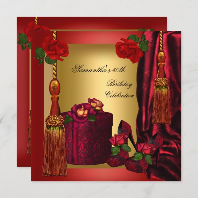 Elegant 50th Birthday Party Red Rose Gold 4 Invitation (Front/Back)