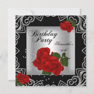 Elegant 50th Birthday Party Red Rose Silver Deco Invitation