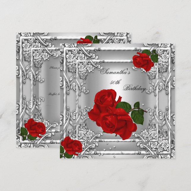 Elegant 50th Birthday Party Red Rose Silver Invitation (Front/Back)