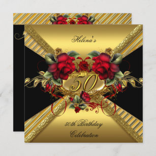 Elegant 50th Birthday Party Red Roses Gold Black Invitation