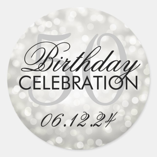 Elegant 50th Birthday Party Silver Glitter Lights Classic Round Sticker (Front)