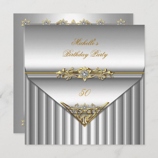 Elegant 50th Birthday Party Silver Gold Diamond Invitation (Front/Back)