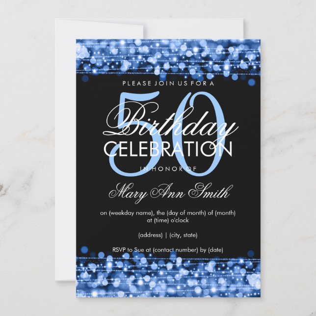 Elegant 50th Birthday Party Sparkles Blue Invitation (Front)