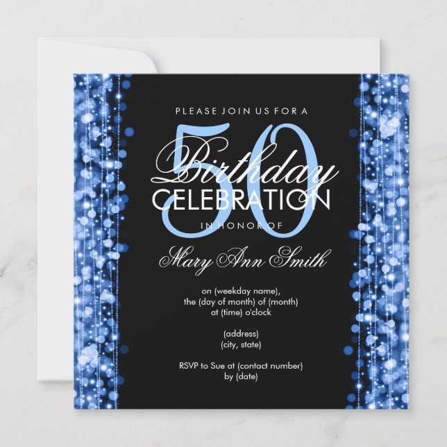 Elegant 50th Birthday Party Sparkles Blue Invitation (Front)