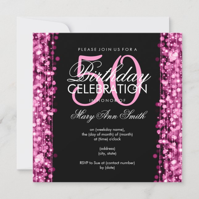 Elegant 50th Birthday Party Sparkles Pink Invitation (Front)
