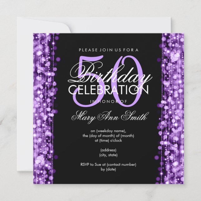 Elegant 50th Birthday Party Sparkles Purple Invitation (Front)