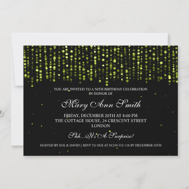 Elegant 50th Birthday Party Star Confetti Green Invitation (Front)