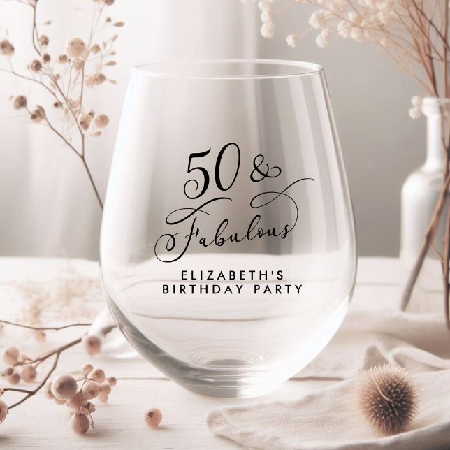 Elegant 50th Birthday Party Stemless Wine Glass (Creator Uploaded)