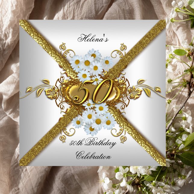Elegant 50th Birthday Party White Daisy Gold Invitation (Creator Uploaded)