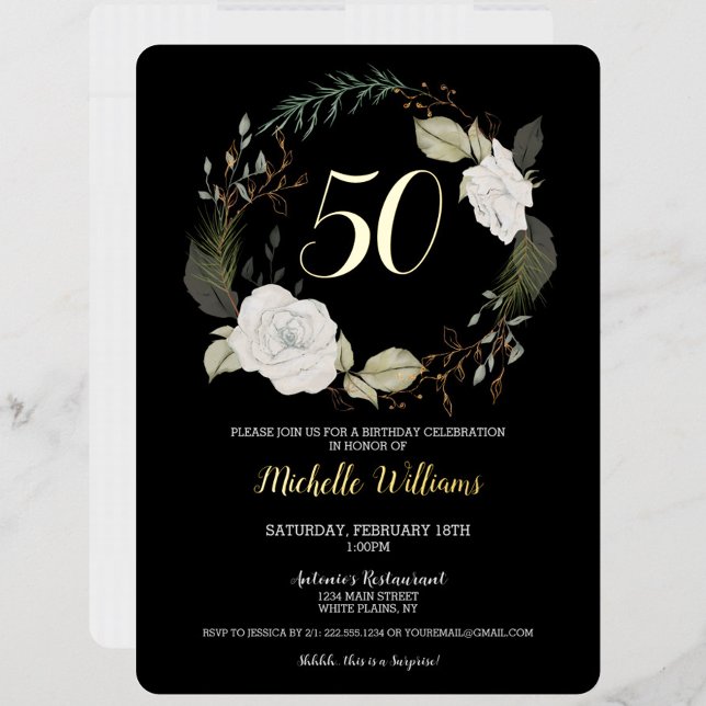 Elegant 50th Birthday Party White Floral Wreath (Elegant Black & White 50th Birthday Party Invitation, Gold Foil, Fifty)