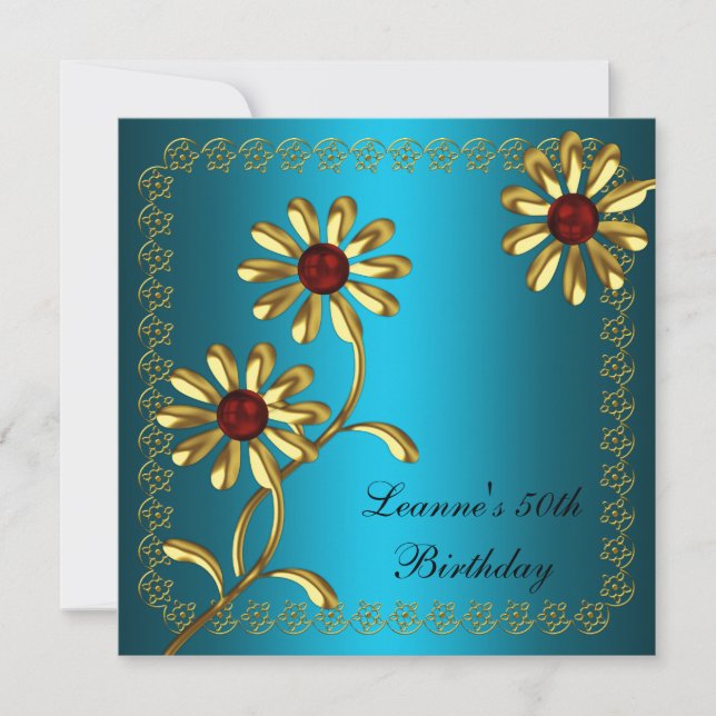 Elegant 50th Birthday Party White Gold Teal Floral Invitation (Front)