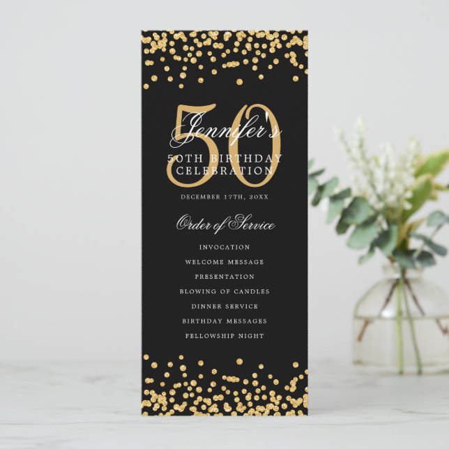 Elegant 50th Birthday Program Gold Black Confetti (Standing Front)