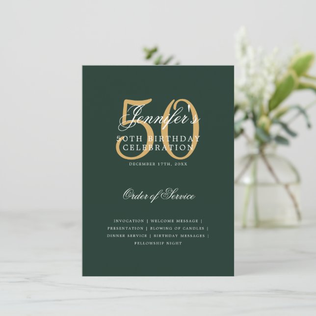Elegant 50th Birthday Program Gold Green Menu (Standing Front)