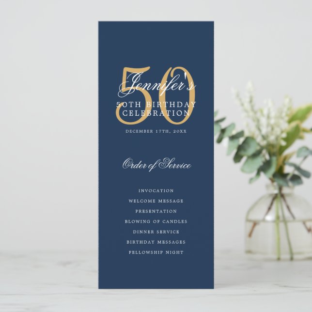 Elegant 50th Birthday Program Navy Blue Gold  (Standing Front)