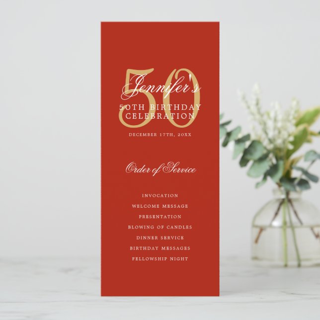 Elegant 50th Birthday Program Red Gold  (Standing Front)