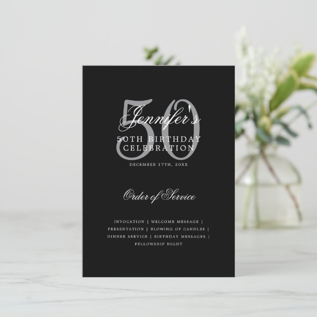 Elegant 50th Birthday Program Silver Black w/ Menu (Standing Front)