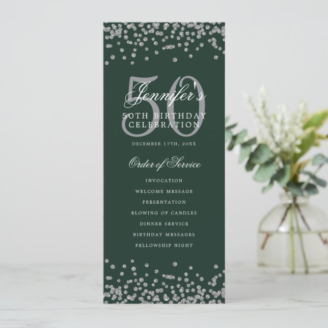 Elegant 50th Birthday Program Thank U Silver Green (Standing Front)