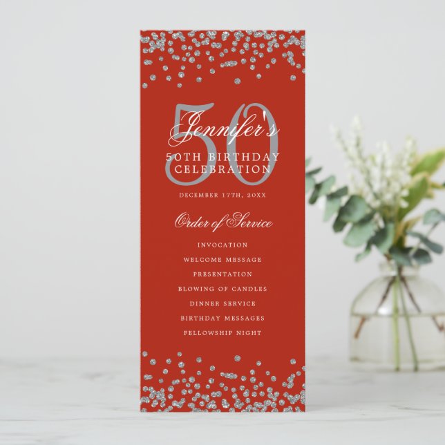 Elegant 50th Birthday Program Thank U Silver Red  (Standing Front)