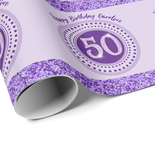 Elegant 50th Birthday Purple Glitter with Stripes Wrapping Paper (Roll Corner)