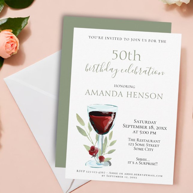 Elegant 50th Birthday Red Wine Surprise Party Invitation (Creator Uploaded)